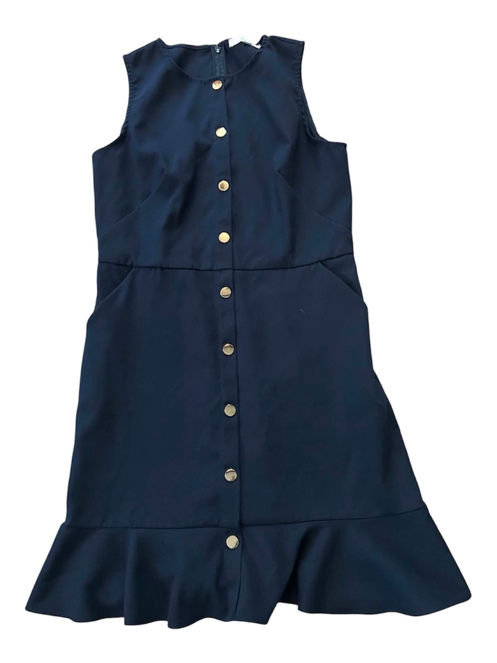 Loft Navy Button-Front Ruffle Hem Dress